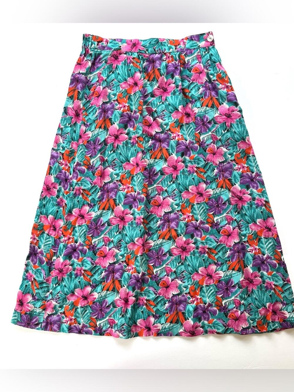 Vintage 90s Long Floral Print Skirt Medium Soft Rayon Flowy Pockets Colorful Sz8
